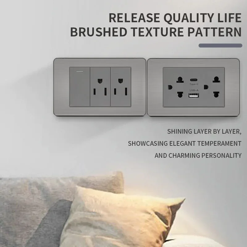 

T&IPremium Stainless Steel Brushed Wall Socket Panel with USB Type - C, US Switch, Thai Plug for Home & Office Use Grey