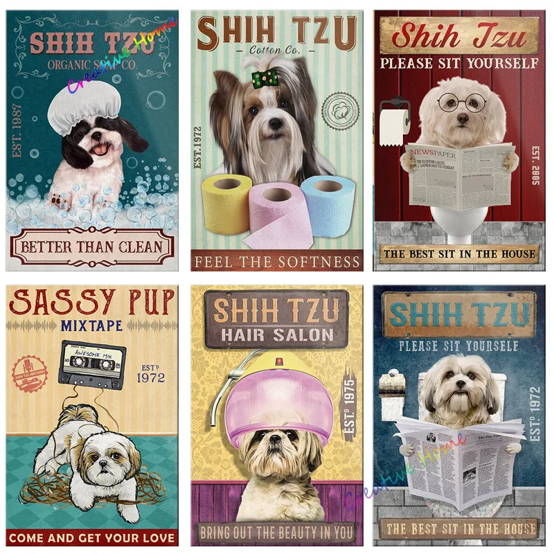 Pet Dog Metal Tin Sign shih tzu BathSoap Wash Your Paws Printed Poster Bathroom Toilet Living Room Home Art Wall Decor