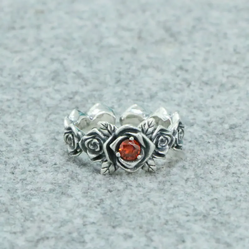 

Cold Wind Pure Silver Rose Red Diamond Ring Korean Edition Temperament trendsetter retro Thai silver personalized men and women'