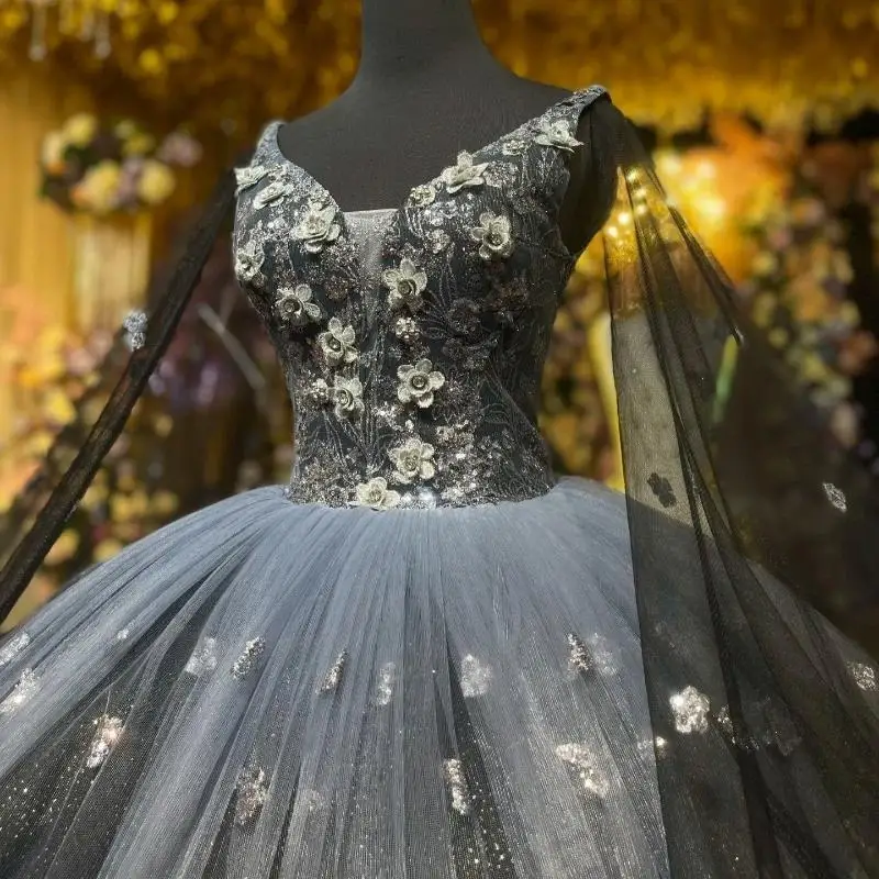 Vestidos de quinceañera de princesa negros brillantes, vestido de baile con hombros descubiertos, vestido dulce 16, apliques de cuentas, tul de encaje, fiesta del 15