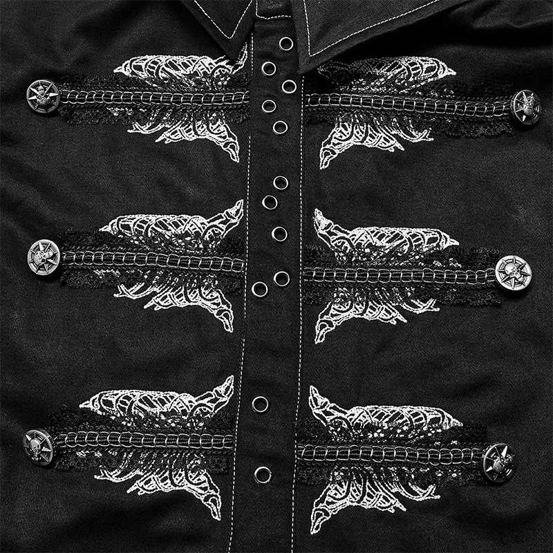 PUNK RAVE Men\'s Punk Personalized Skull Skeleton Embroidery Shirt Non-elastic Slim Personality Casual Black Tops Men Clothing