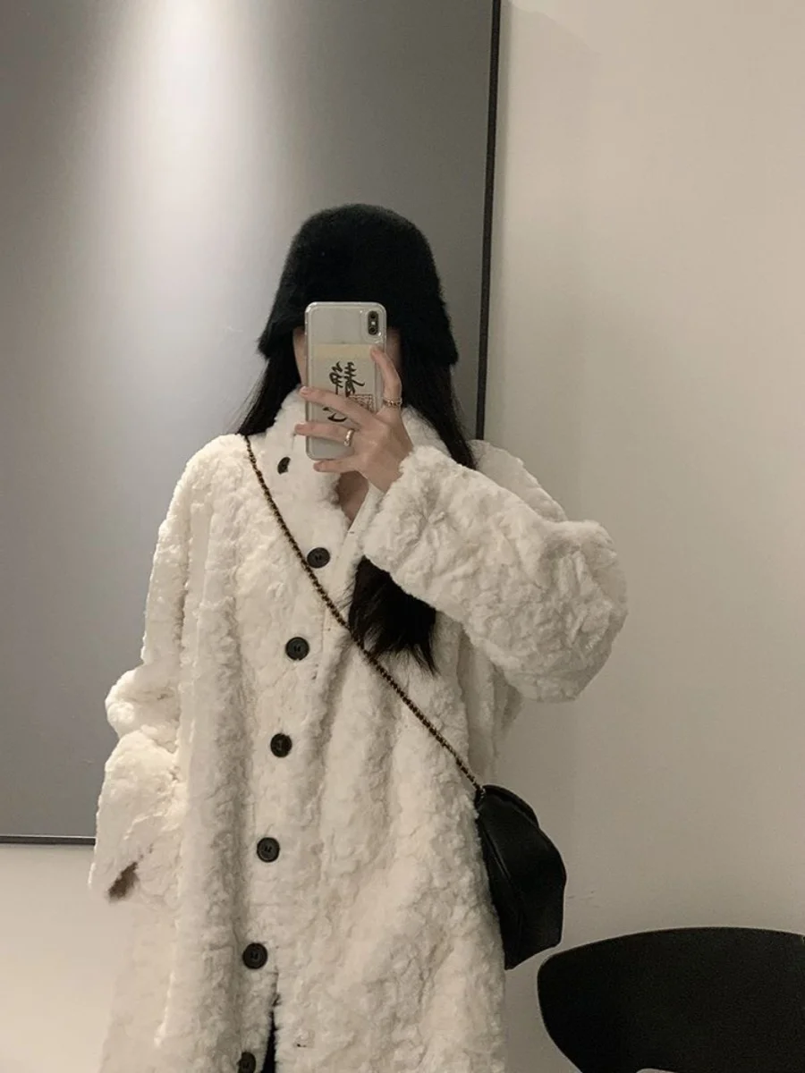 خريف شتاء جديد Thiened تنوعا الأرنب المخملية الفراء Thiened فضفاض الوقوف طوق معطف فرو الضأن المرأة طويلة فوق الركبة #1