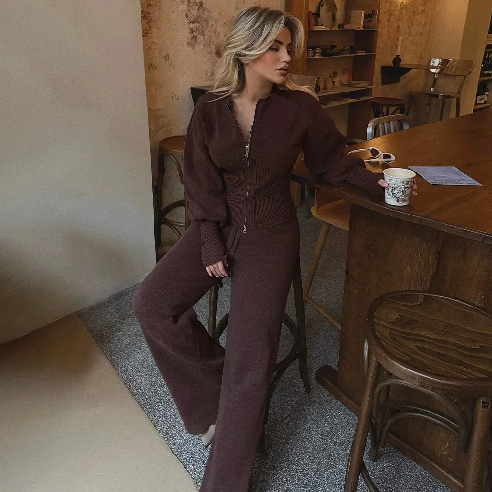 

Wolfeel 2026 Spring New Knitted Wo-piece Set Zipper Top High-waisted Elastic Waist Straight Pants Set Mininalist Casual Suit