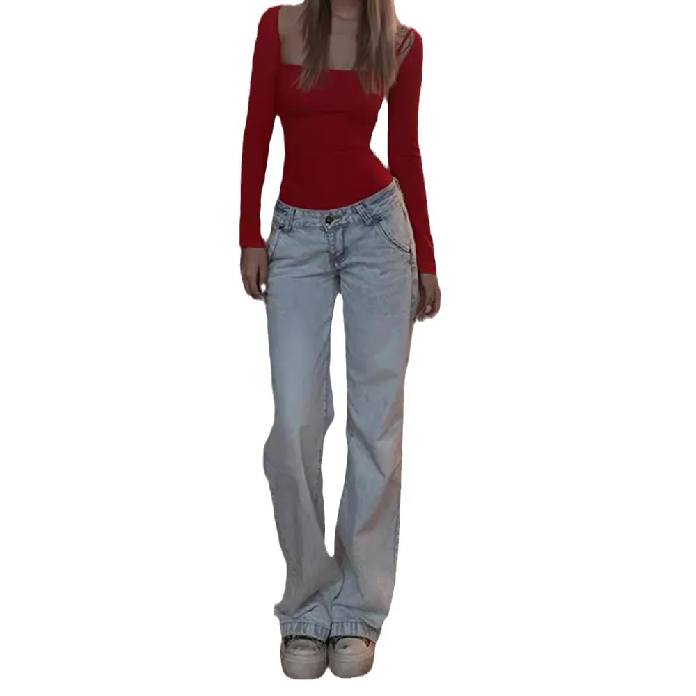 อเมริกัน Retro High Street กางเกงยีนส์ Four Seasons ใหม่ล้างต่ําเอว Design Sense Casual ความยาวพื้นกางเกงยีนส์ขาตรงสําหรับผู้หญิง