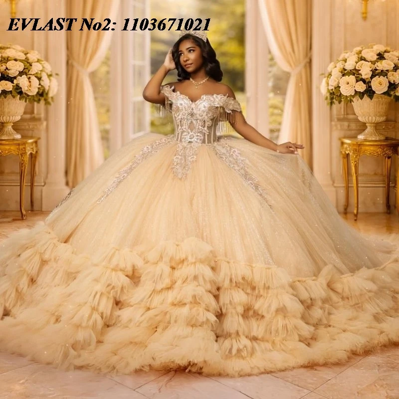 EVLAST Customized Princess Champagne Qinceanera Dress Ball Gown Lace Applique Beading Ruffles Sweet 16 Vestidos 15 Anos E2QA355