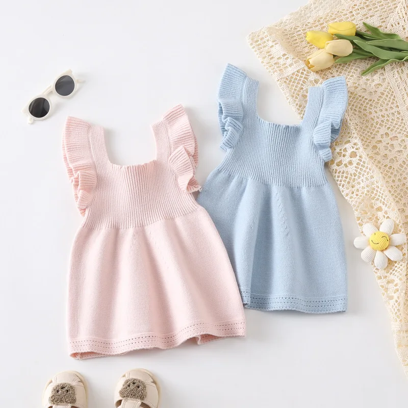 0-18M Newborn Girl Dress 2026 Spring Knitted Ruffled Flutter Sleeve Dress Sleeveless Summer Infant Baby Girl Outfit Clothes