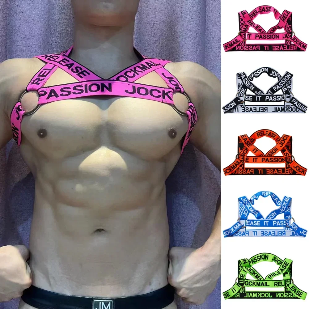 Men Letter Print Elastic Harness Strap Lingerie Fashion Chest Shoulder Band O Ring Muscle Protective Shoulder Chest Harness Belt