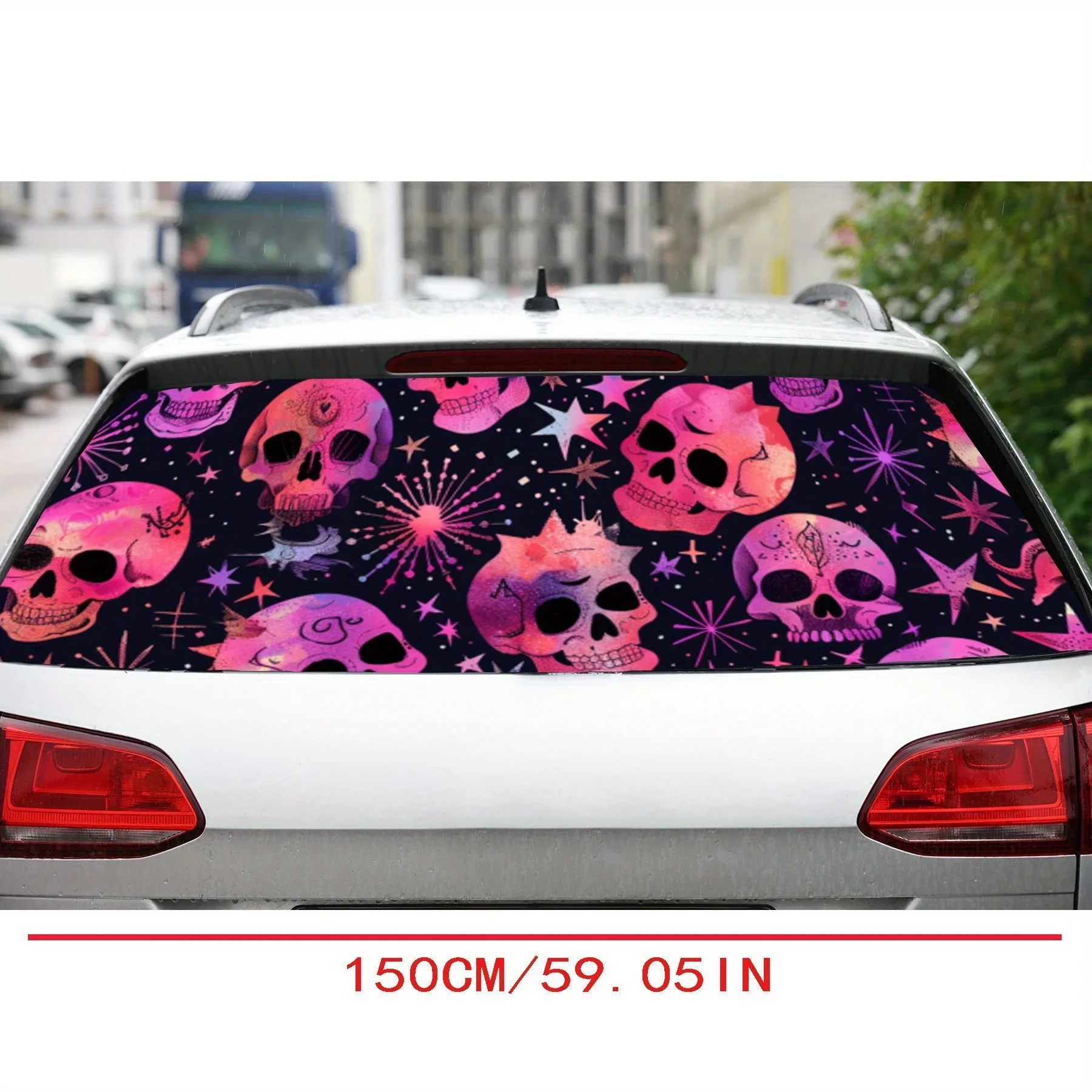 Pink Skulls and Stars PVC Perforated Car Vinyl Wraps, Durable Car Rear Windshield Sticker, Waterproof Car Rear Window Decal, Pri