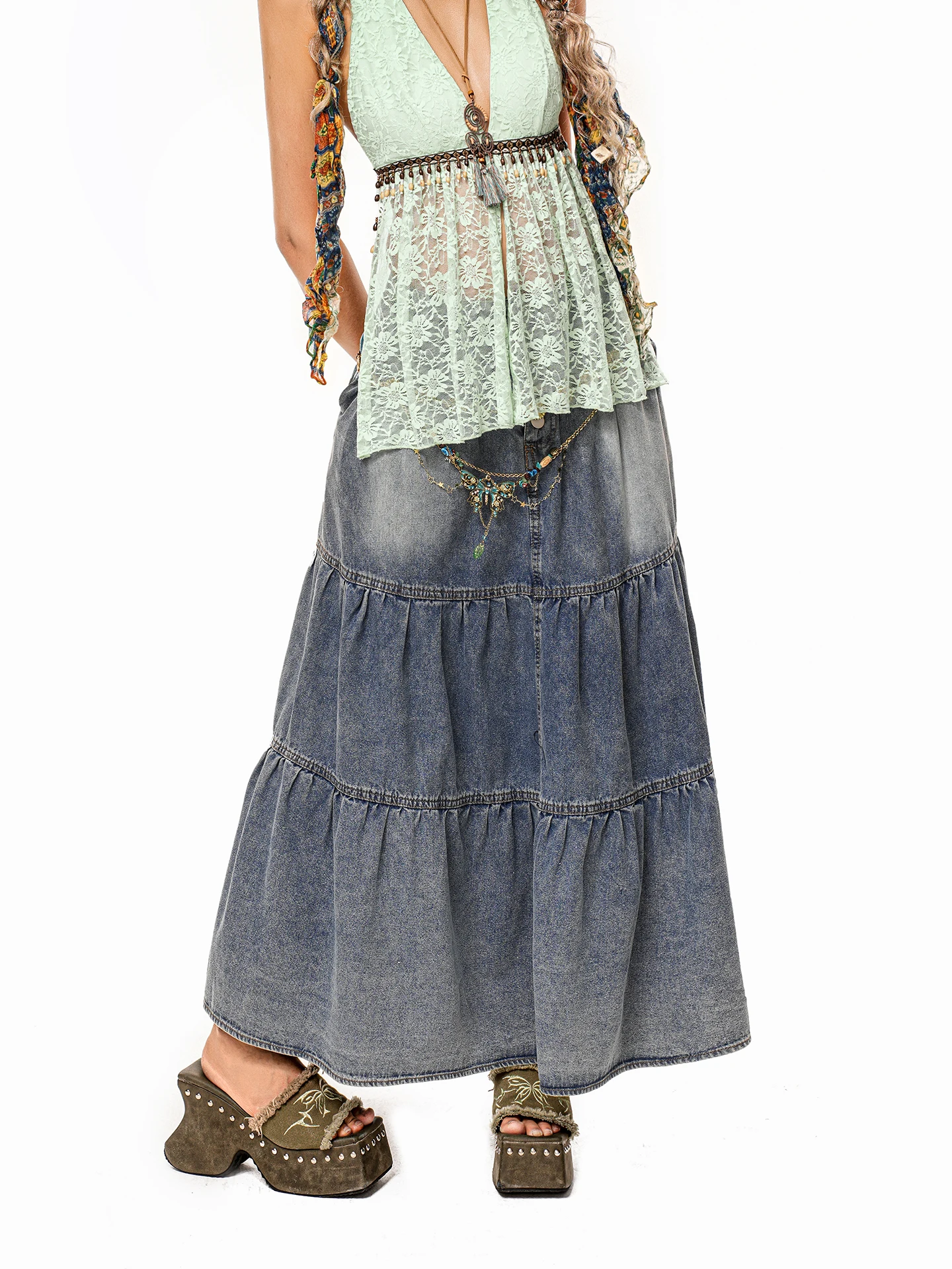 

Arielink American Retro Washed Denim Skirt Women's Design Layered Splicing Cake Half Skirt Long Skirt Street Style Standard Fit
