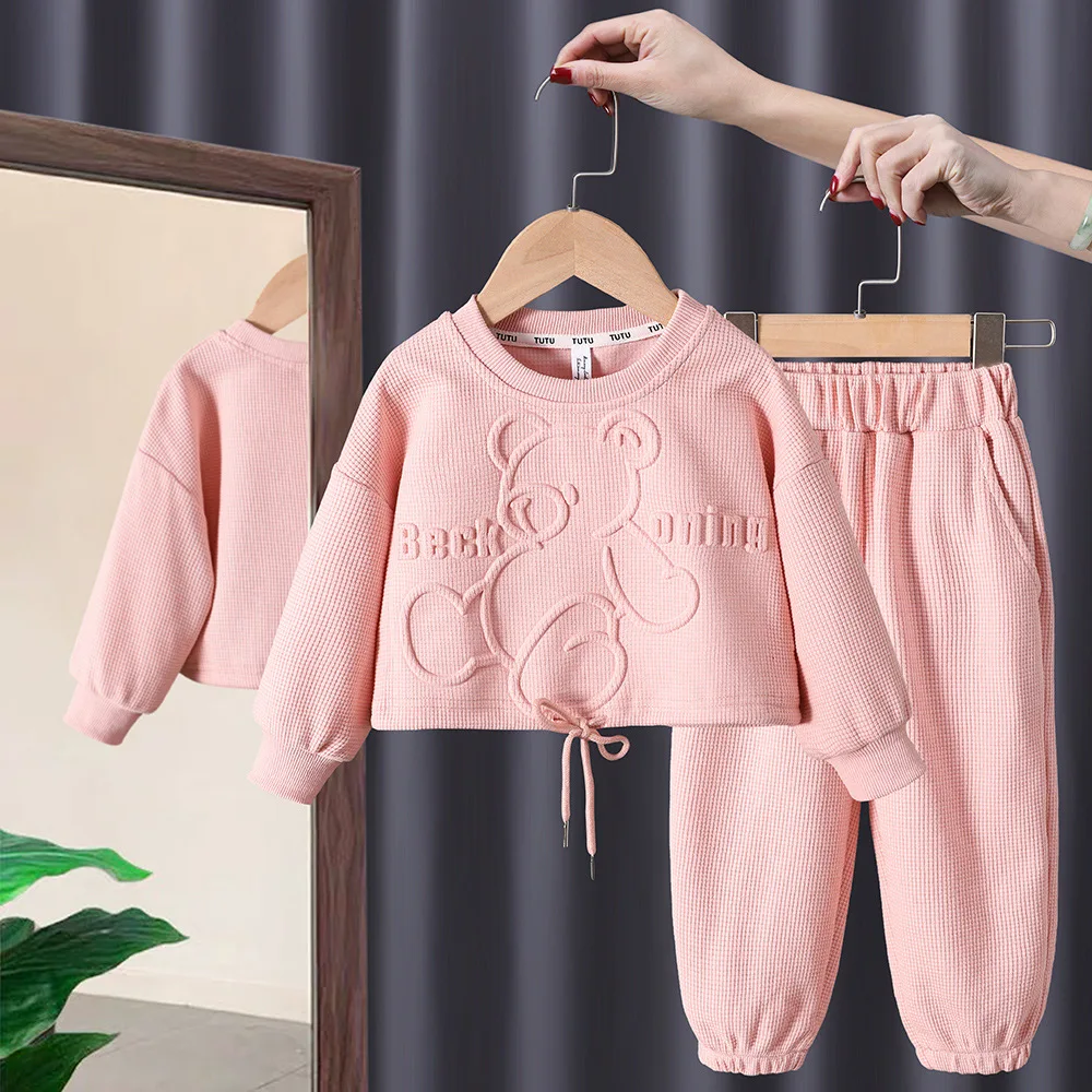 

Spring Autumn Girls Waffle Lovely Embossed Drawstring Sweatshirt+Sweatpant Sets Kids Tracksuit Child Outfit Jogger Suit 1-9Years