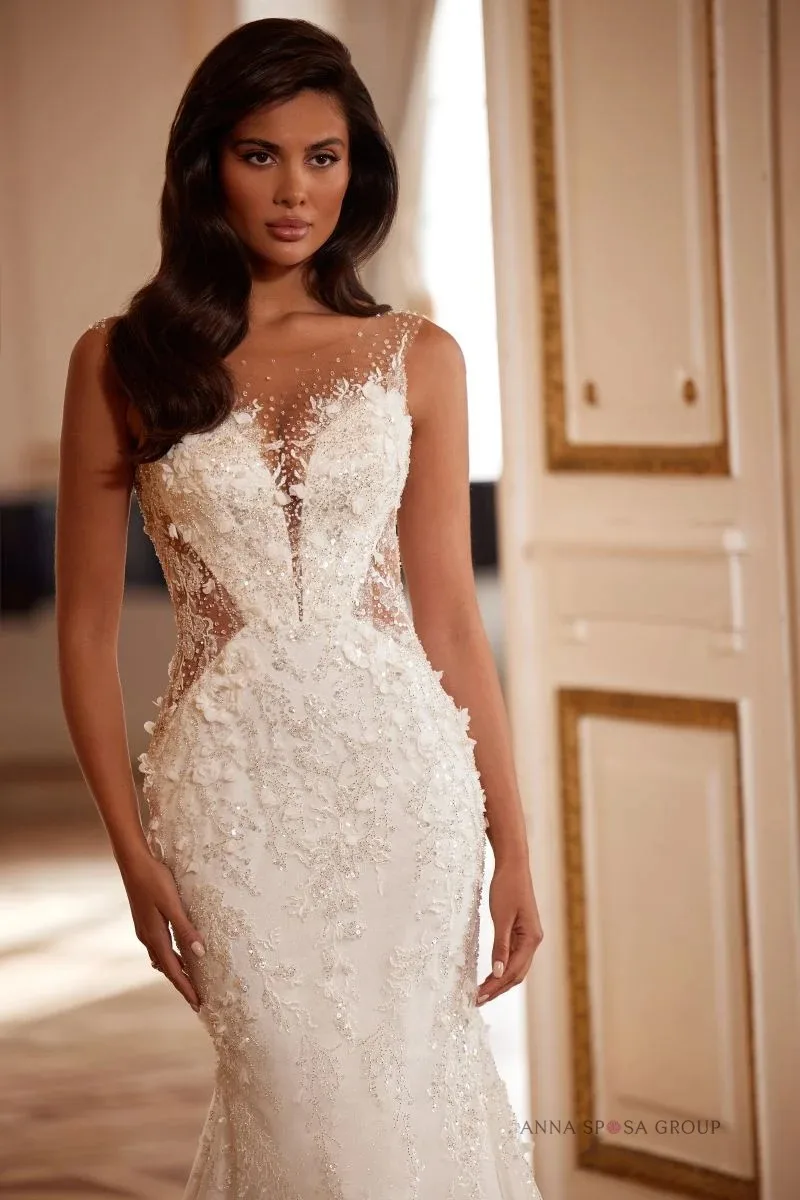 O Neck Mermaid Wedding Dresses Sexy See Through  Flowers Appliques Beaded Sequins Bridal Gowns Custom Sweep Train Bride Dress