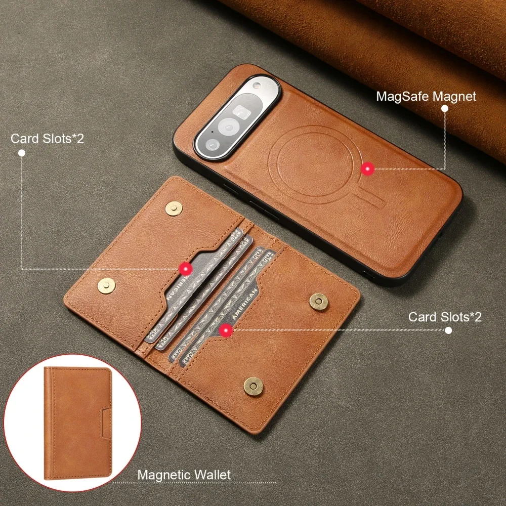 Magnetic Solid Color Leather Phone Cover For Google Pixel 9 Pro XL/Pixel 8 Pro/Pixel 8A With Detachable Flip Card Case