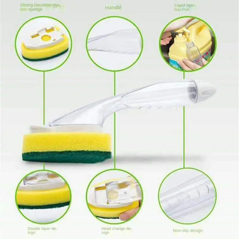 Cleaning Brush Handle Refillable Scrubber Kitchen Soap Dispenser Products Dish Washing Tool Replaceable Sponge Kitchen Organizer