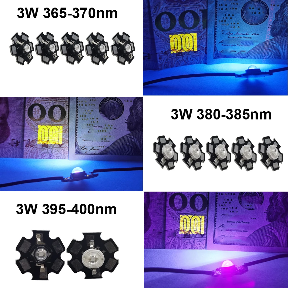 3W 395nm 380nm 365nm LED High Power LED UV Light Chip Ultra Violet Bulbs Lamp Black /White LED with 20mm PCB Aluminum Substrate