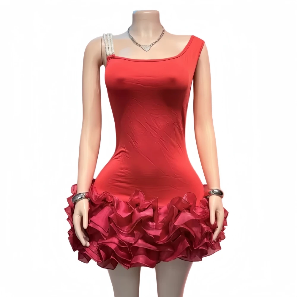 HLJ Sexy Mesh Ruffle Splicing Sleeveless Bodycon Party Club Dress Women One Shoulder Slim Vestidos Fashion Female Solid Clothing — zdjęcie 6