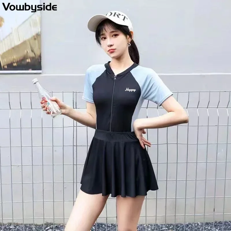 Women's Swimsuit Jumpsuit Skirt Two Piece Set Short Sleeved Beach Wear Quick-drying Girls Swimwear