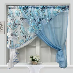 1Panel Blue White Double Layer Crossing Short Curtains For Kitchen Pastoral Leaves Pattern Window Screen Partition Tulle Drapes