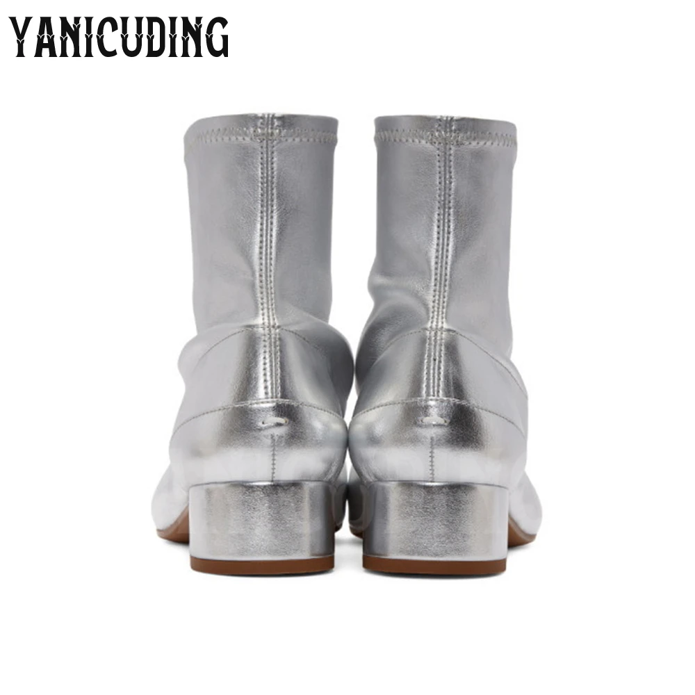 Metallic Silver Stretch Leather Sock Tabi Boots Ankle-High Cylindrical Block Heel Women Booties Cleft Square Toe Stitching Boots