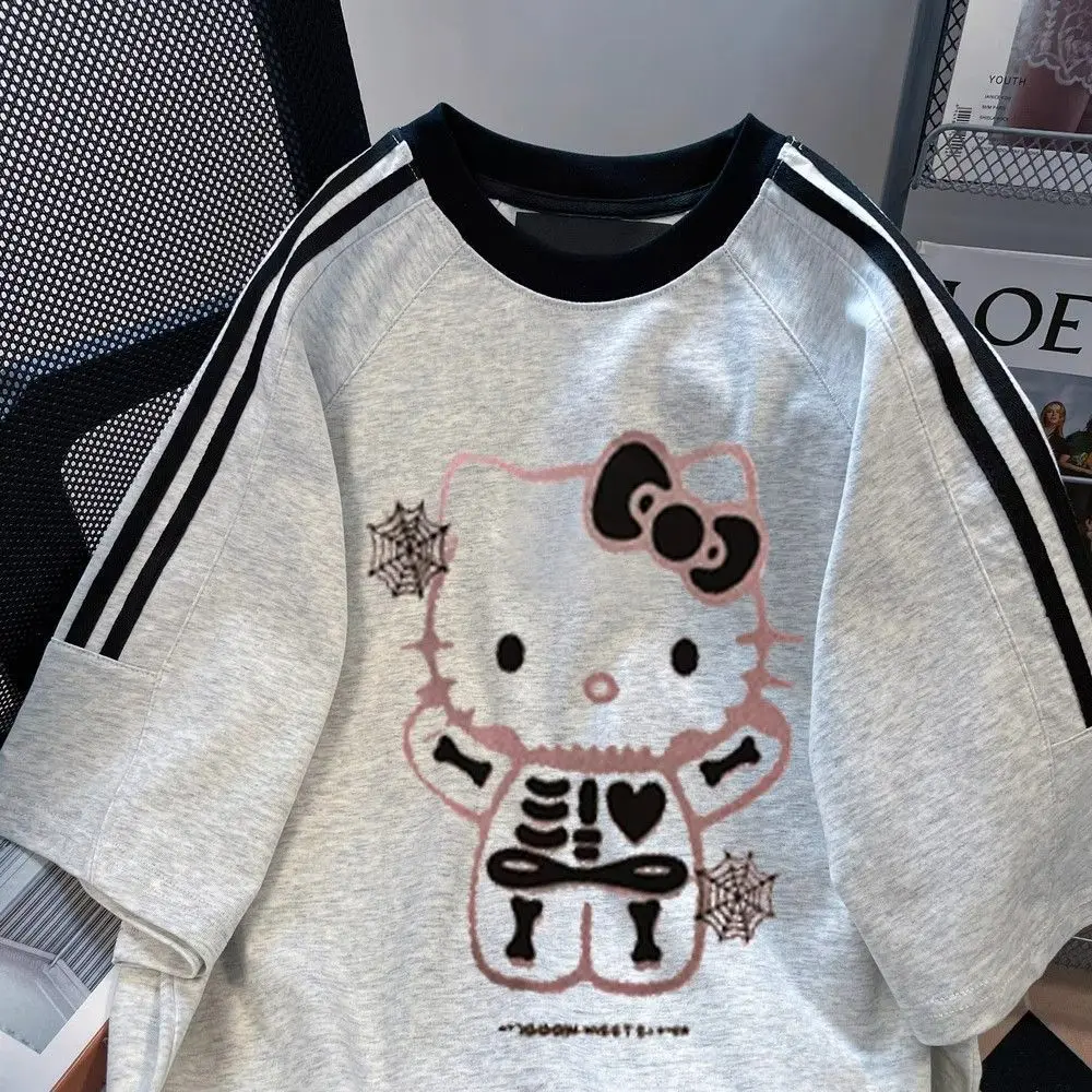 Hello Kitty Sanrio Grey T-shirt Kawaii Cartoon Print Cotton Tops O-neck Oversized Shirts Streetwear Splicing Top Women Clothing