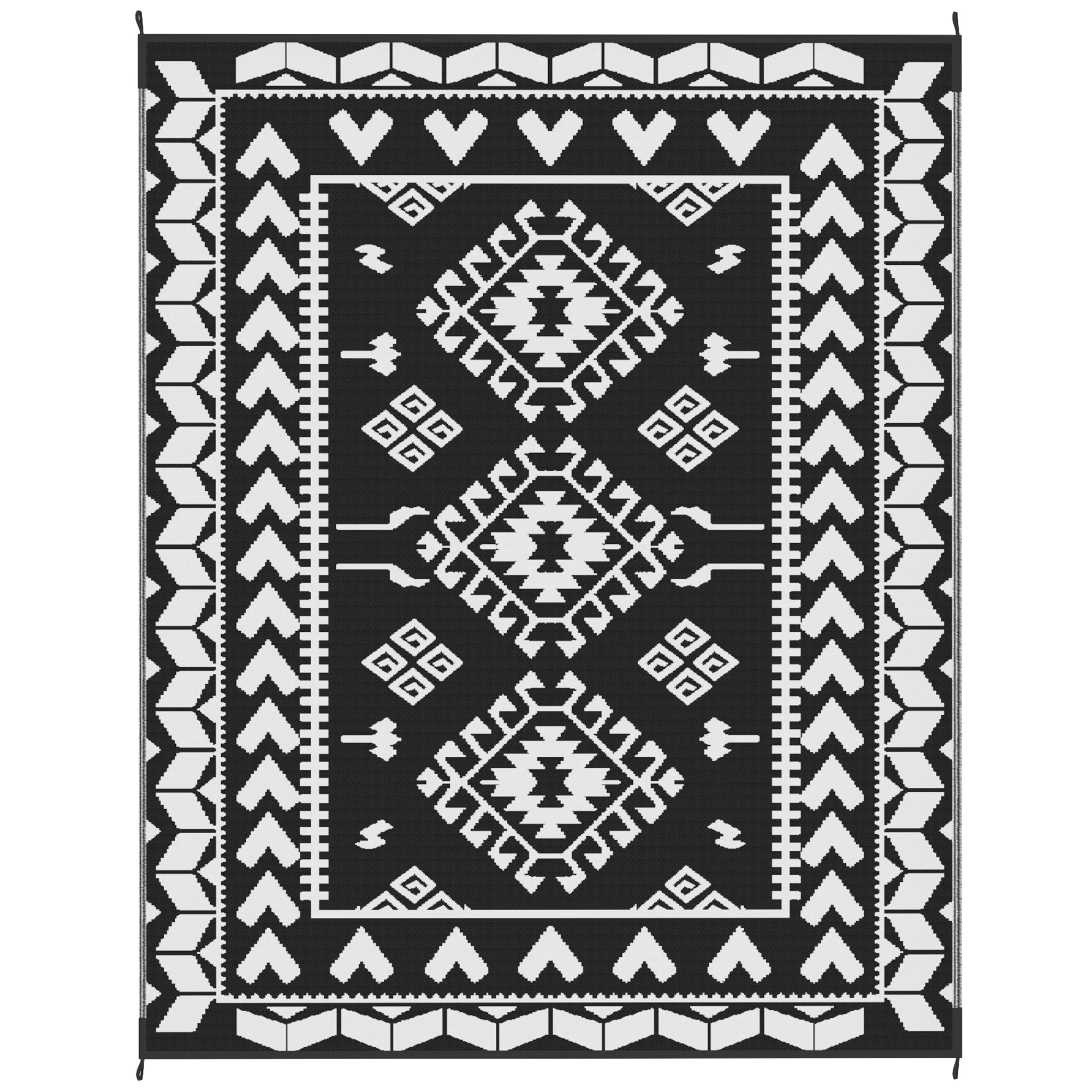 Outdoor Rug, 8' x 10' Floor Mat, Black White Rhombus Patchwork