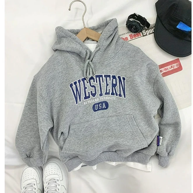 Kids Boys Girls Fleece Hoodie Sweatshirt Casual Loose Letter Print Pullover Long Sleeve Tops Autumn Winter Clothing