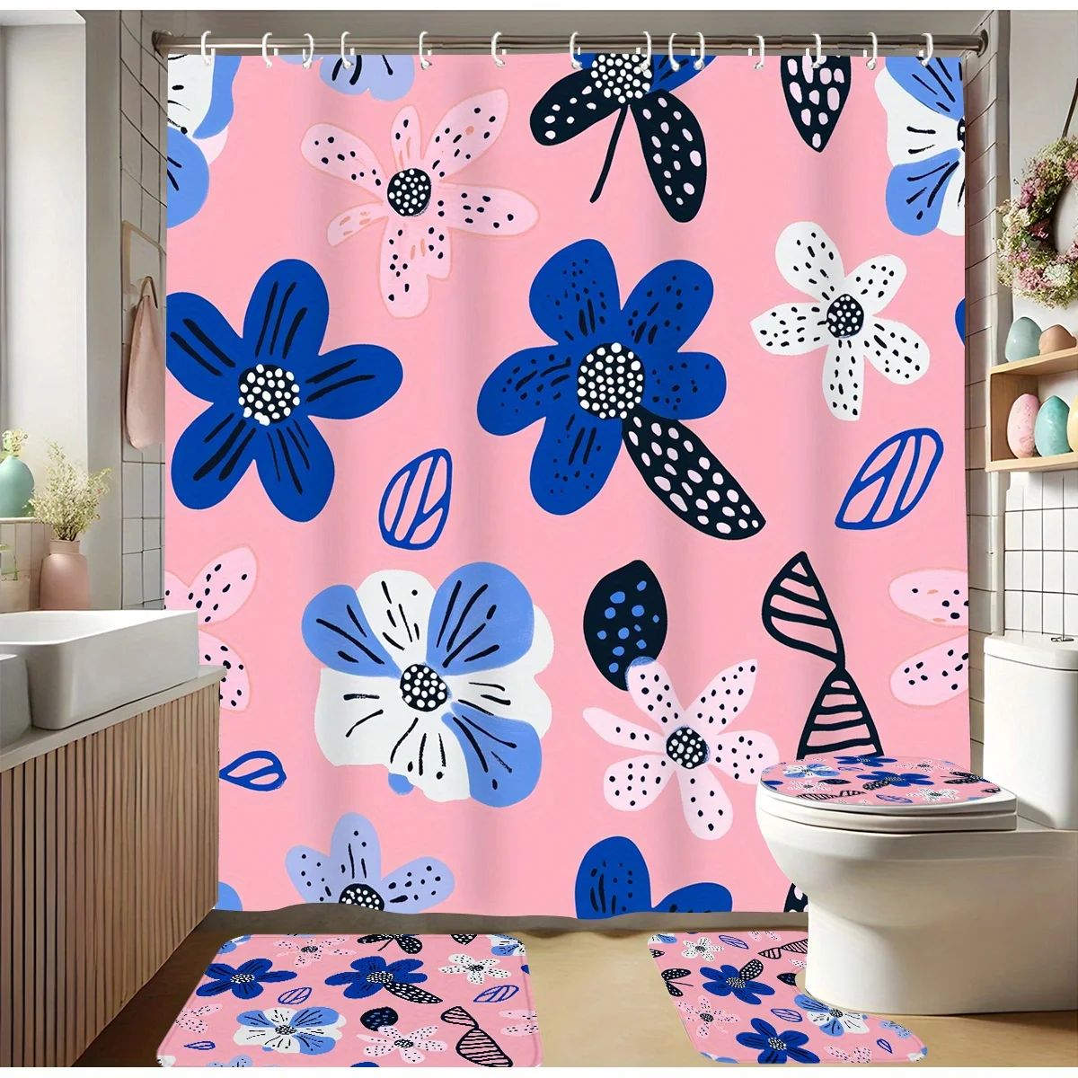 

Набор занавесок для душа из 4 предметов, весенний синий и розовый цветочный узор, современный декор для ванной комнаты 71 дюйм * 71 дюйм 180 см * 180 см В комплект входят 12 крючков