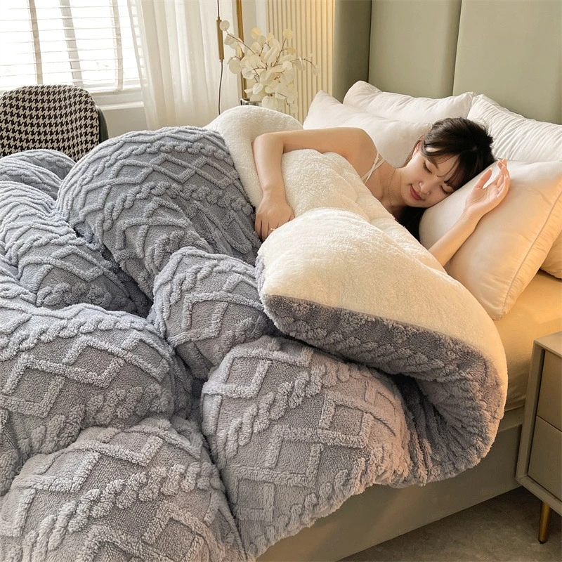 Luxury Thickened Warm Winter Comforter Fluffy Jacquard Taffeta Fleece Blanket for Bed Soft Faux LambsWool Autumn Winter Quilt