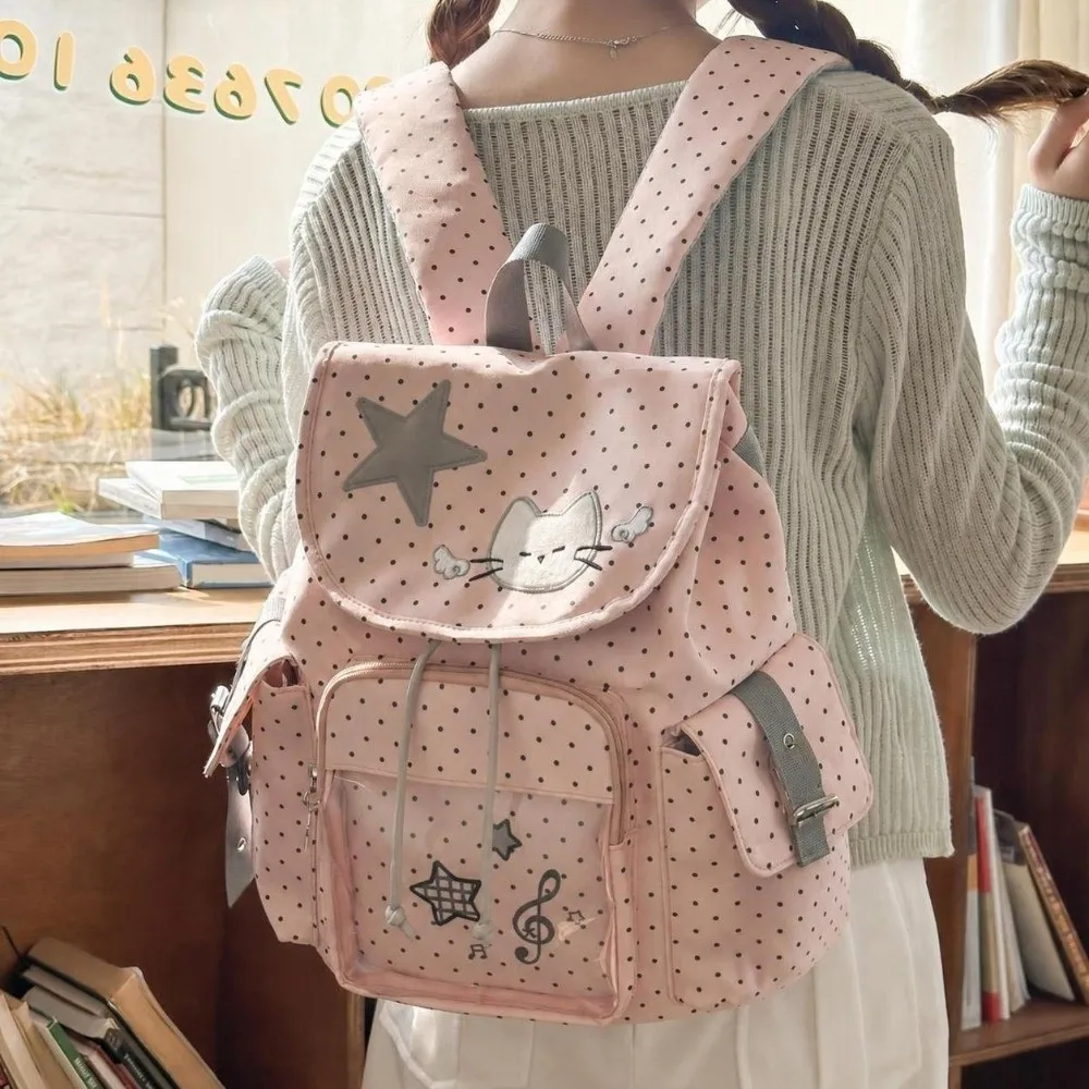 Casual Sweet Cat Ita Backpack Large Capacity Polka Dot Drawstring Backpack Nylon Students Schoolbag for Girls