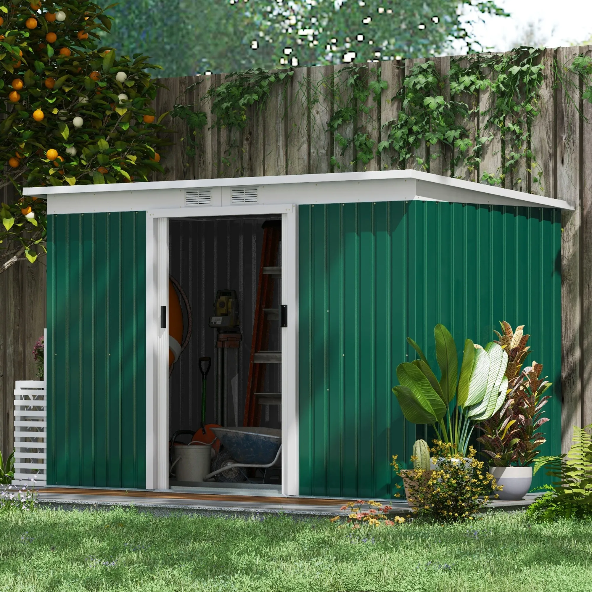 9' X 4' Metal Outdoor Storage Shed with Lockable Doors, Green