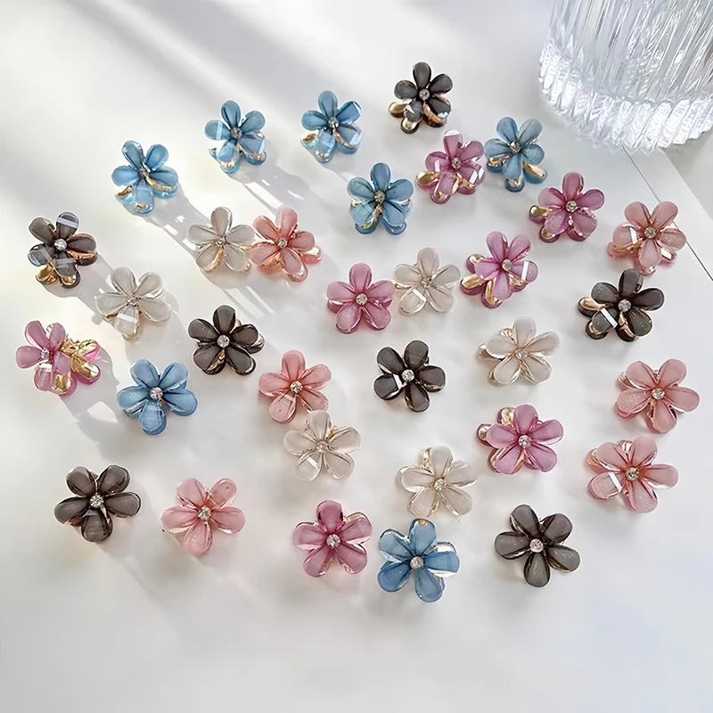 5pcs Small Crystal Flower Hair Claw Metal Hair Claw For Side Hair Bang Braids Women Girls Sweet Hair Clip