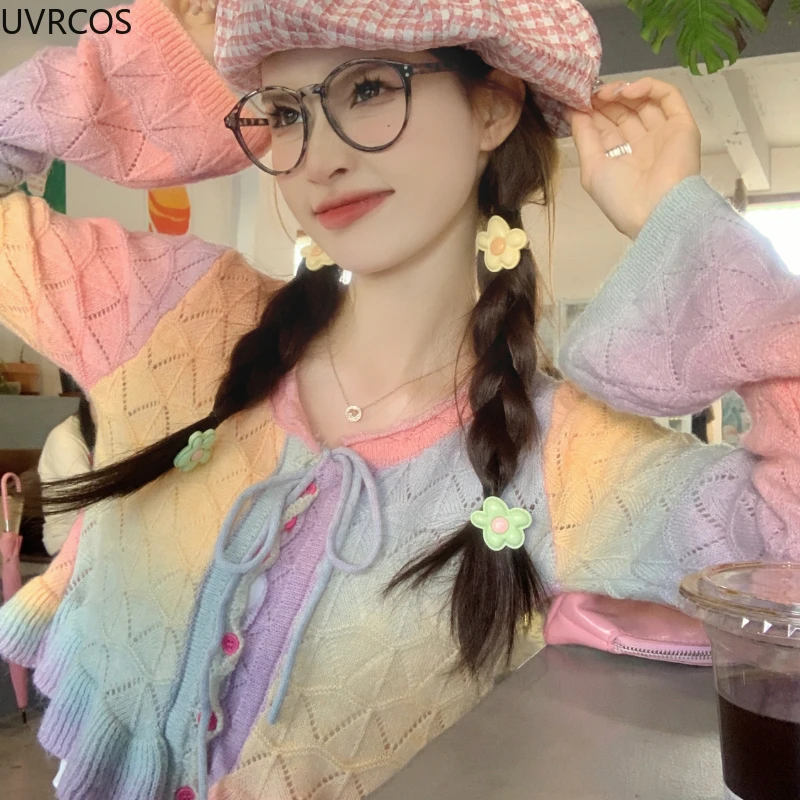 Harajuku Y2k Rainbow Knitted Cardigan Women Kawaii Lace-up Hplloow Out Ruffle Flare Long Sleeve Sweater Coat Casual Knitwear Top