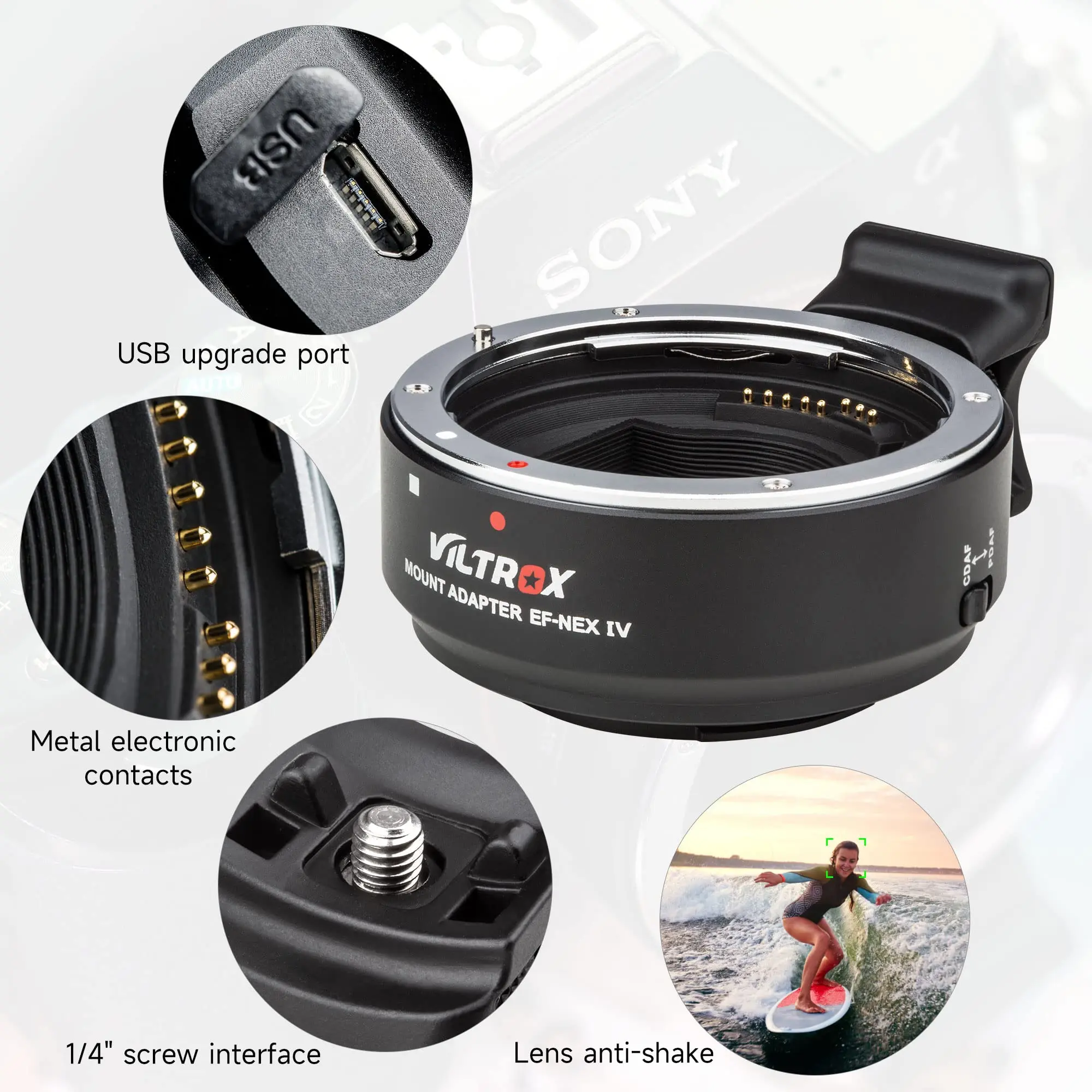 Viltrox EF-NEX IV anneau adaptateur de montage d'objectif mise au point automatique pour objectif Canon EOS EF/EF-S vers appareils photo Sony E Mount NEX A9II A7III A9 A7RIII
