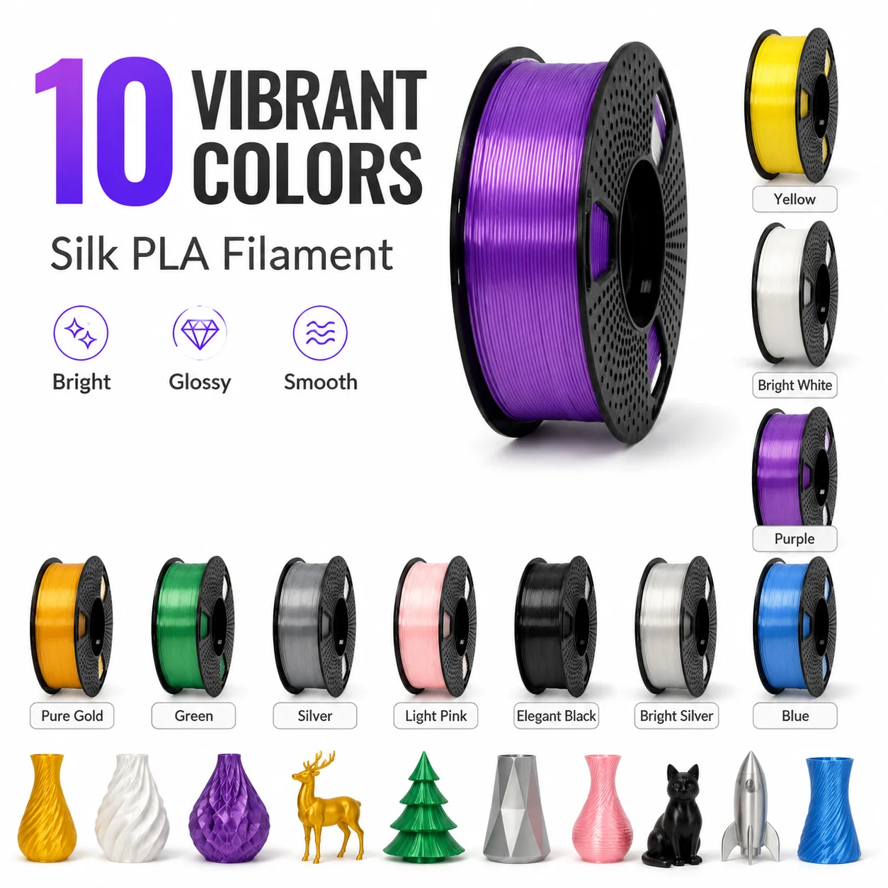Silk PLA 3D Printer Filament 1.75mm, 10-Pack Assorted Shiny Colors, 1kg per Spool (Total 10kg), High Gloss Dual & Metallic Finish, Dimensional Accuracy +/- 0.03mm, Fits Most FDM Printers