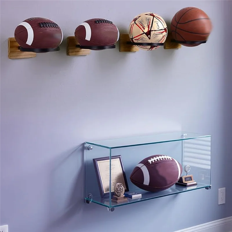 B48B-Rak Penyimpanan Bola dari Kayu untuk Dinding, 4 Buah, untuk Menampilkan Bola Basket, Sepak Bola, Rugby