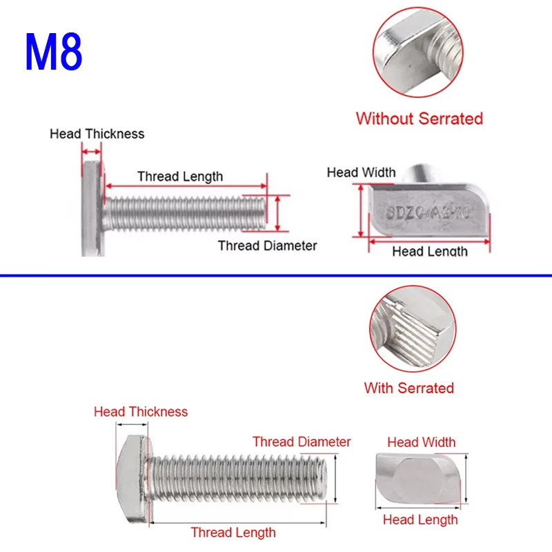 5/10pcs M8 With Serrated/Without Serrated Photovoltaic T-Bolt 304 A2 Stainless Steel T-Bolt T-Screws for Solar Panel Mounting