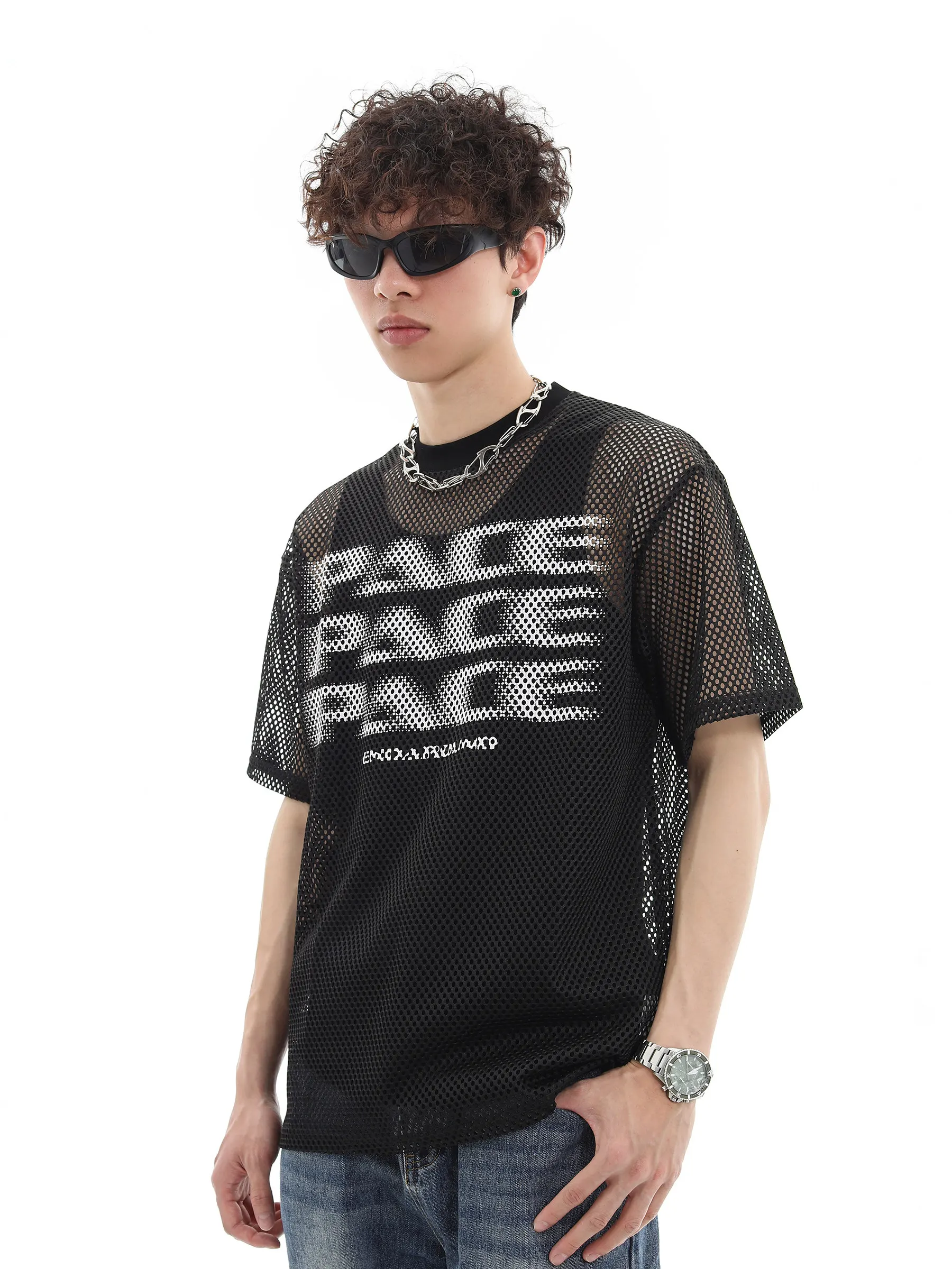 Men's Summer American Streetwear Black Mesh Sheer T-shirt White Letter Print Spider Web Hollow Out Casual Loose Short Sleeve Top