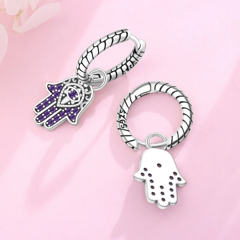 MISEFF New 925 Sterling Silver Eardrop Purple Lucky Hand Earrings The Eye Of Fatima Earrings For Party Jewelry Making Gifts