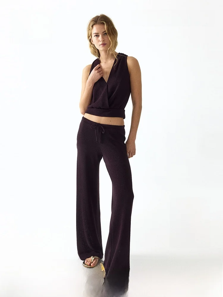 

H&M Women's Knitted Drawstring Straight Leg Pants Commute Casual Trousers Natural Waist Wide Leg Pants Ladies Fashion