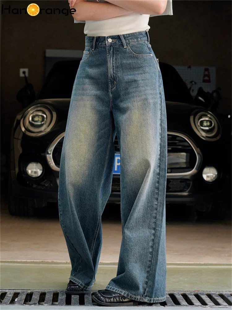 

HanOrange 2025 Autumn Retro Washed Wide Leg Jeans Women High Waist Relaxed Denim Pants Female Vintage Blue
