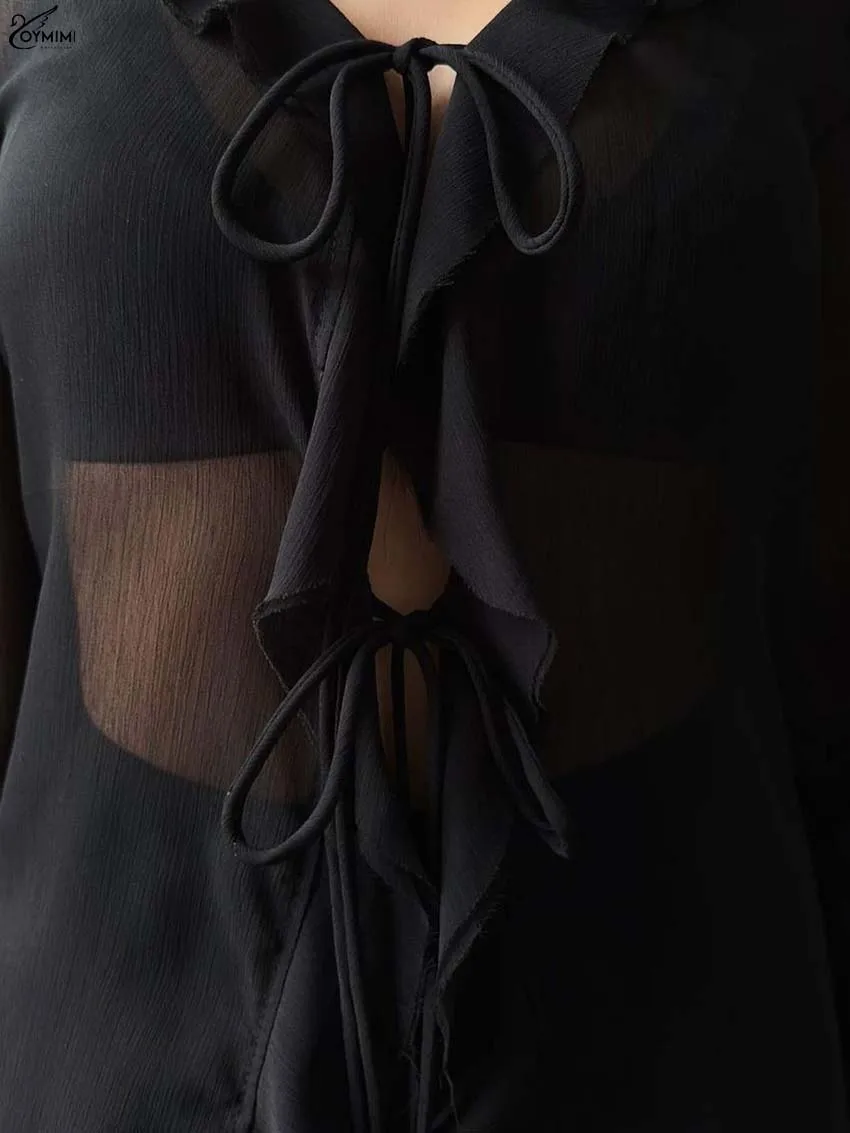 Oymimi Casual Black Loose Women's Shirt Summer V-Neck Ruffled Long Sleeve Blouses Fashion Lace-Up Solid Shirts Female Clothing