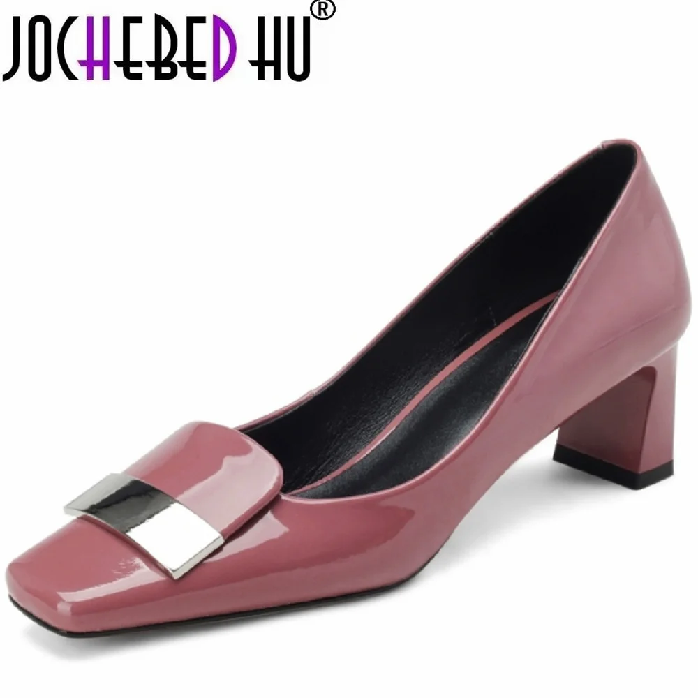 【JOCHEBED HU】New Arrival Women\'s Pumps Square Toe Thick Heels Genuine Leather  Elegant Shoes Beauty Colors High Quality 34-40