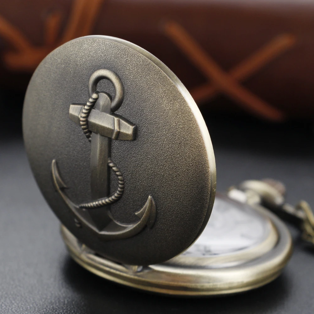Bronze Classic Anime Sailing Boat Anchor Pattern Chain Pocket Watch Vintage Steampunk Necklace Pendant Clock Men Women Gift
