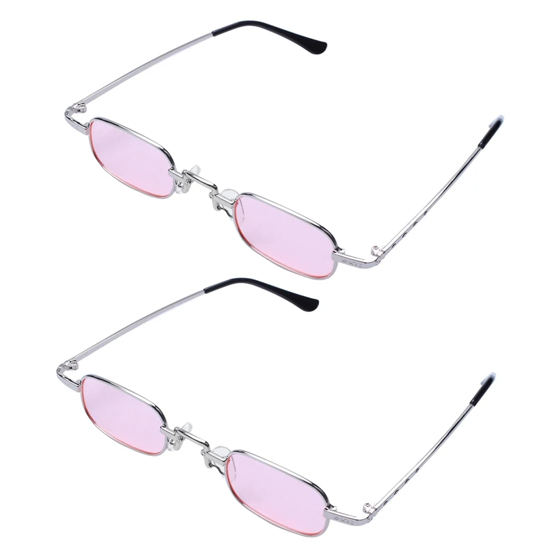 

2X Retro Punk Glasses Clear Square Sunglasses Female Retro Sunglasses Men Metal Frame-Pink & Silver