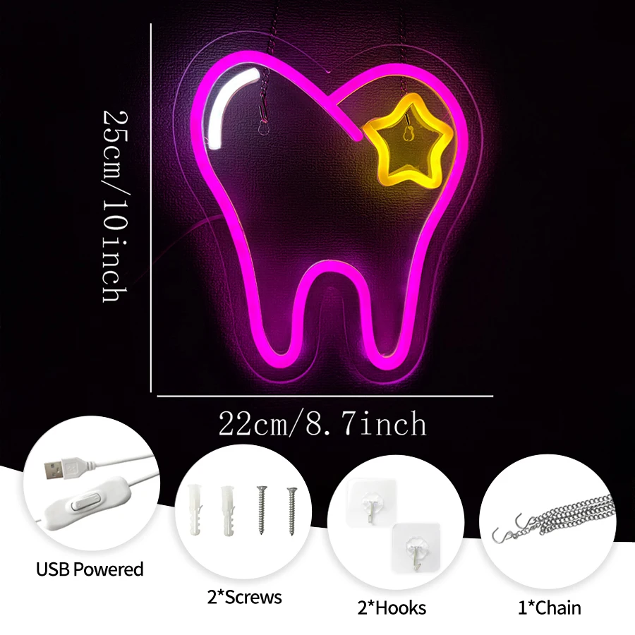 Teeth Neon Light Sign Neon Lights LED Business Sign for Dental Clinic Wall Decor Dental Open Sign USB Powered for Window Display