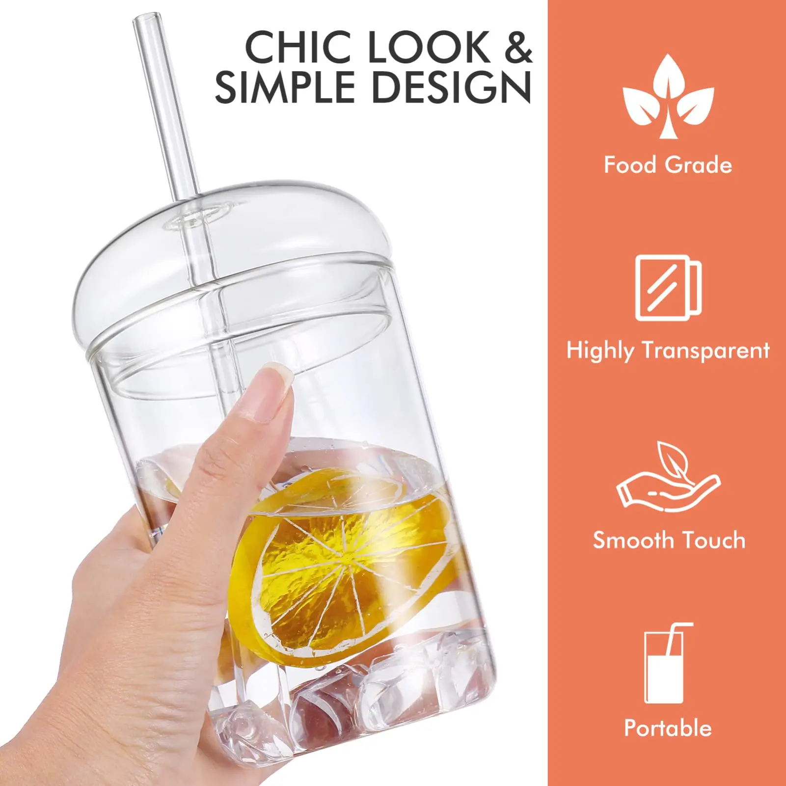 500ml Glass Coffee Cups With Lids Straws,Clear Smoothie Glasses,Round Dome Tumbler,Beer Mug,for Iced Tea Juice,Summer Drinkware