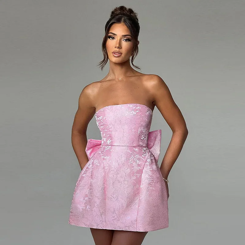 Female Clothing Women's Dress 2025 New Fashion Style Sexy Jacquard Tube Top Bow Mini Dress For Women Party Dresses Sexy Outfits