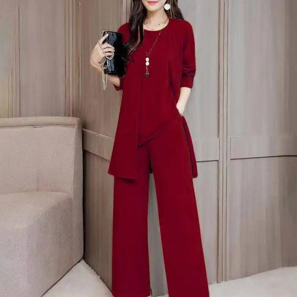 3Pcs/Set Fashion Elegant Outfit Comfortable Loose Outfit O-neck Tank Tops Wide Leg Pants Mid-length Coat Set  Dressing Up