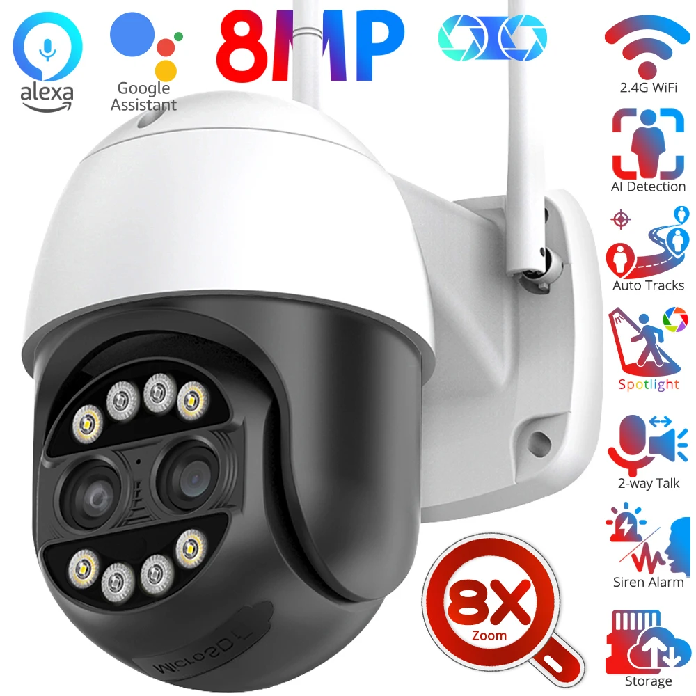 

8MP Dual-lens WiFi PTZ IP Camera Outdoor 8X Hybrid Zoom Color Night Vision CCTV Security Cameras Two-way Audio Surveillance Came