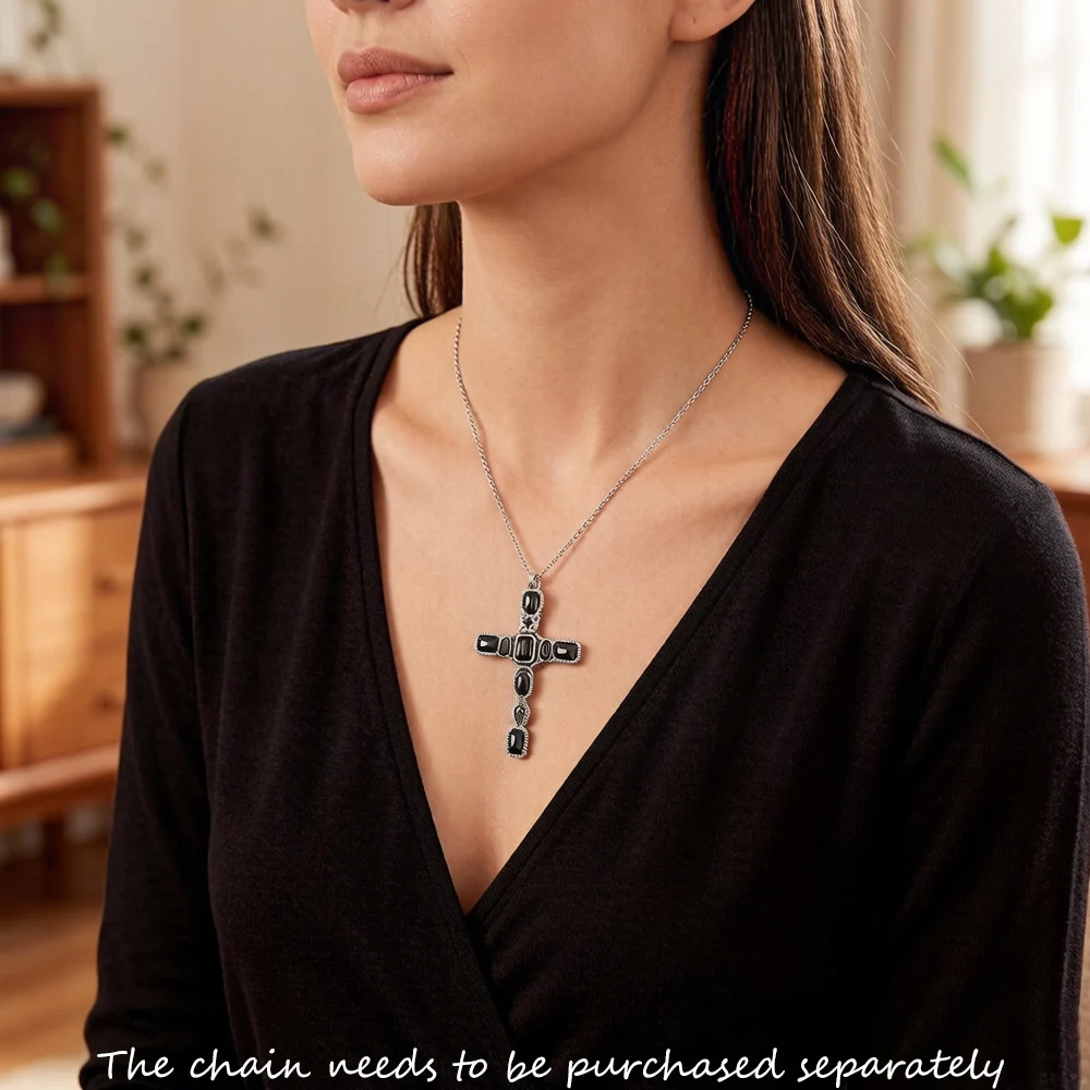 Cross Black Stone Pendant,Brand New 925 Sterling Silver Vintage Jewelry Accessories Graceful Faith Gift For Woman