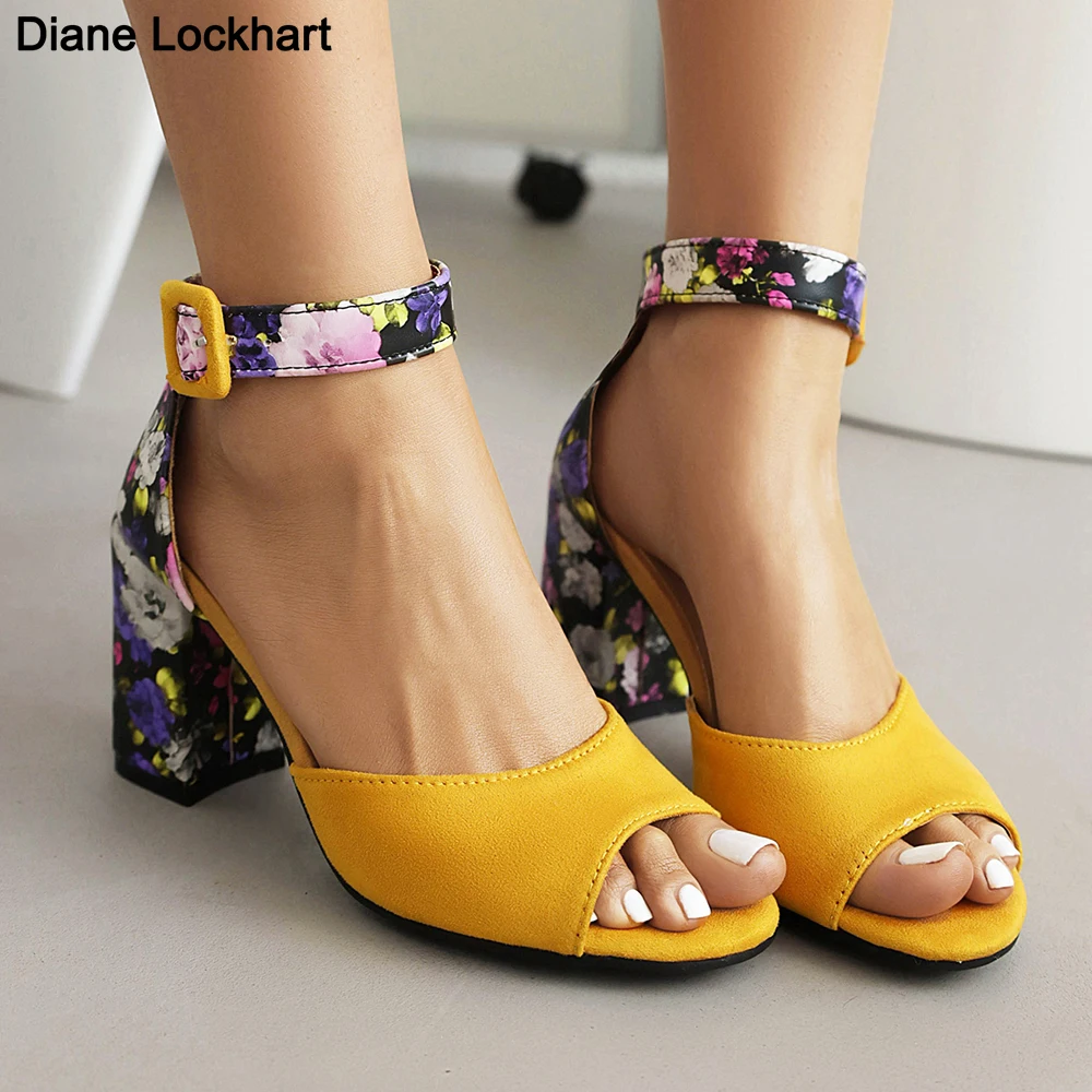 2025 New Women Flock Flower High Heels Sandals Fashion Female Pumps Peep Toe Ankle Strap Platform Shoes Summer Yellow dropship